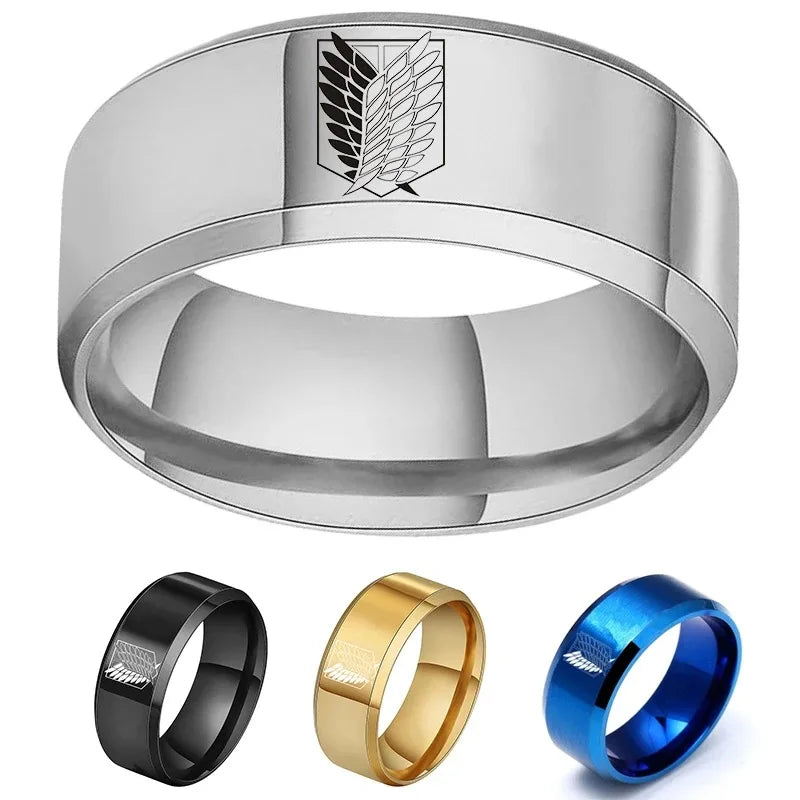 8mm Attack on Titan Black Sliver Stainless Steel Ring Wings Of Liberty Flag Finger Rings For Men Women Charm Jewelry Anime Fans