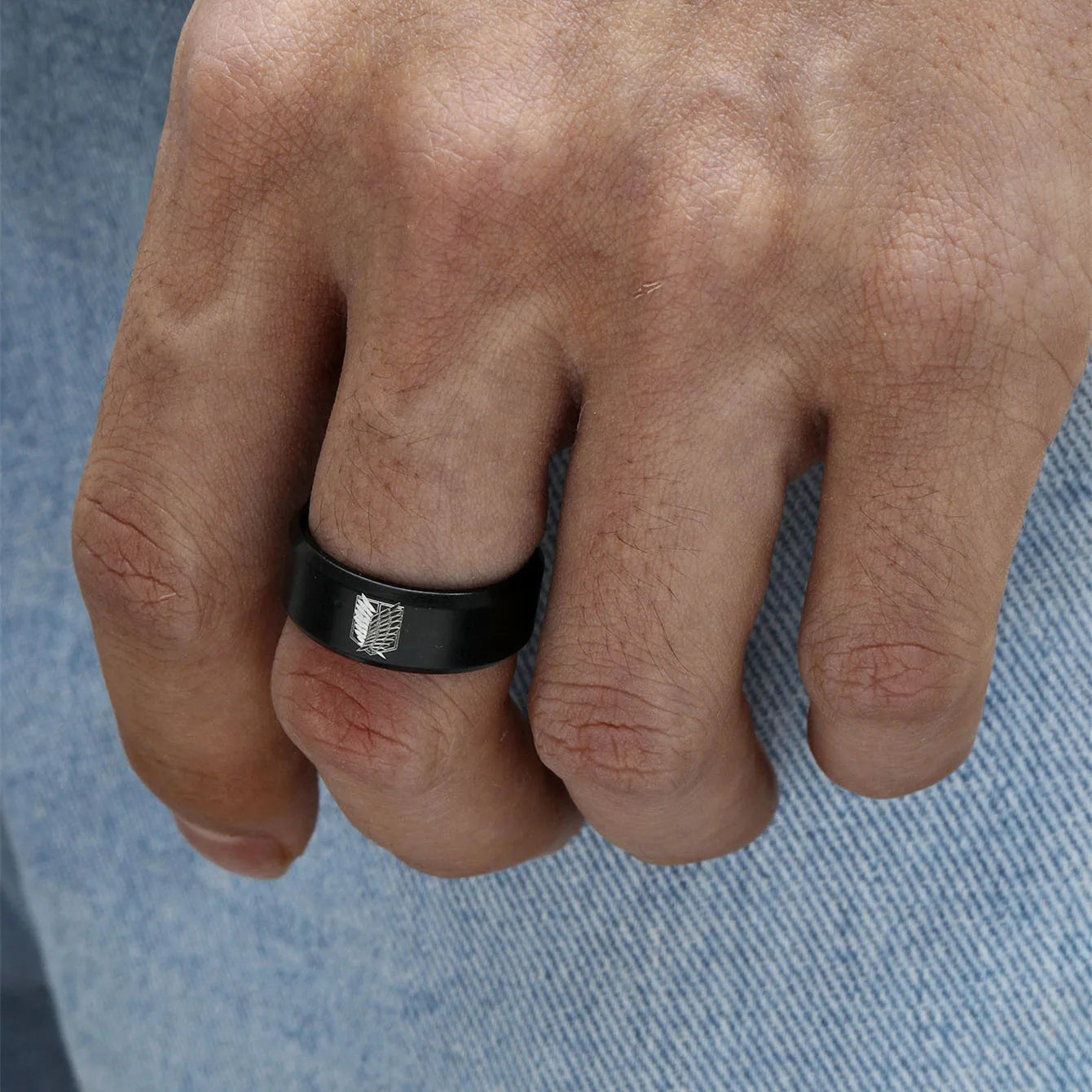 8mm Attack on Titan Black Sliver Stainless Steel Ring Wings Of Liberty Flag Finger Rings For Men Women Charm Jewelry Anime Fans